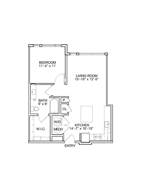 Floor plan for 1 bed, 1 bath, 734 sqft